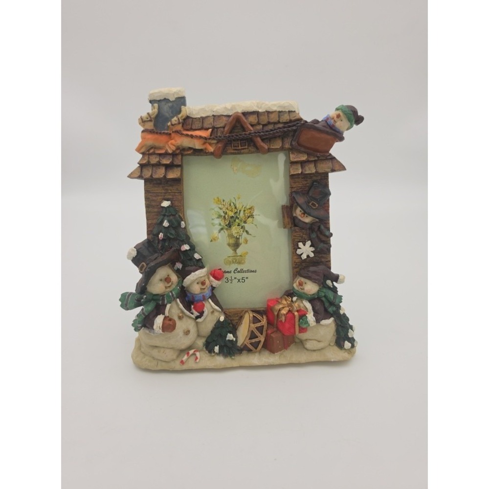 Vtg Holiday Time Snowman Christmas Photo Frame 3.5x 5" 3D Winter Scene